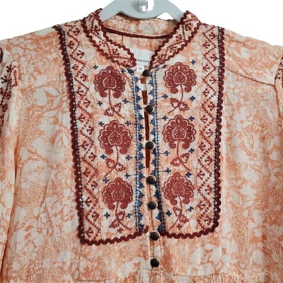 Anthropologie Blouse XSP Orange Claudia Embroidered Babydoll Tunic Top Boho - Picture 4 of 10